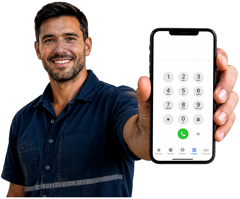 Lalor Park Blocked Drains plumber holding a phone — call 1300 261 965