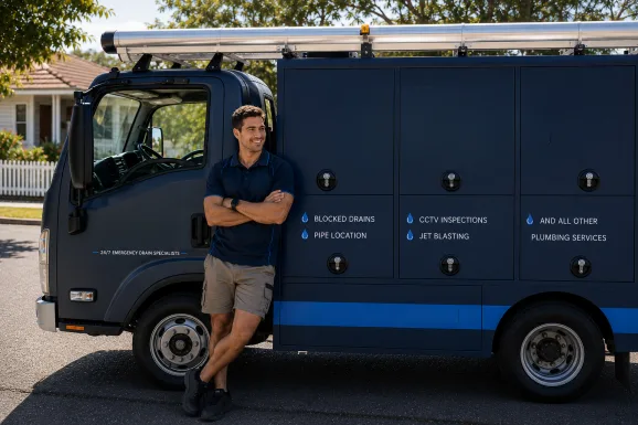 Plumber standing beside a service van in Lalor Park