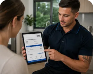 Plumber showing a Lalor Park customer the quote on a tablet