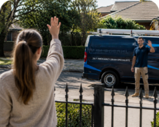 Customer waving goodbye to a Lalor Park Blocked Drains plumber